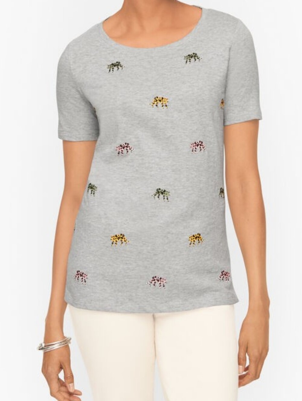Talbots Gray Colorful Cheetah Crewneck Short Sleeve Cotton Tee Size SP